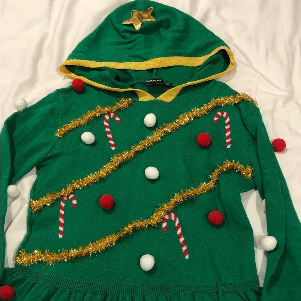 Girls Green Knit Blinged Out Tinsel Christmas Tree Hoodie Holiday Dress L 10-12